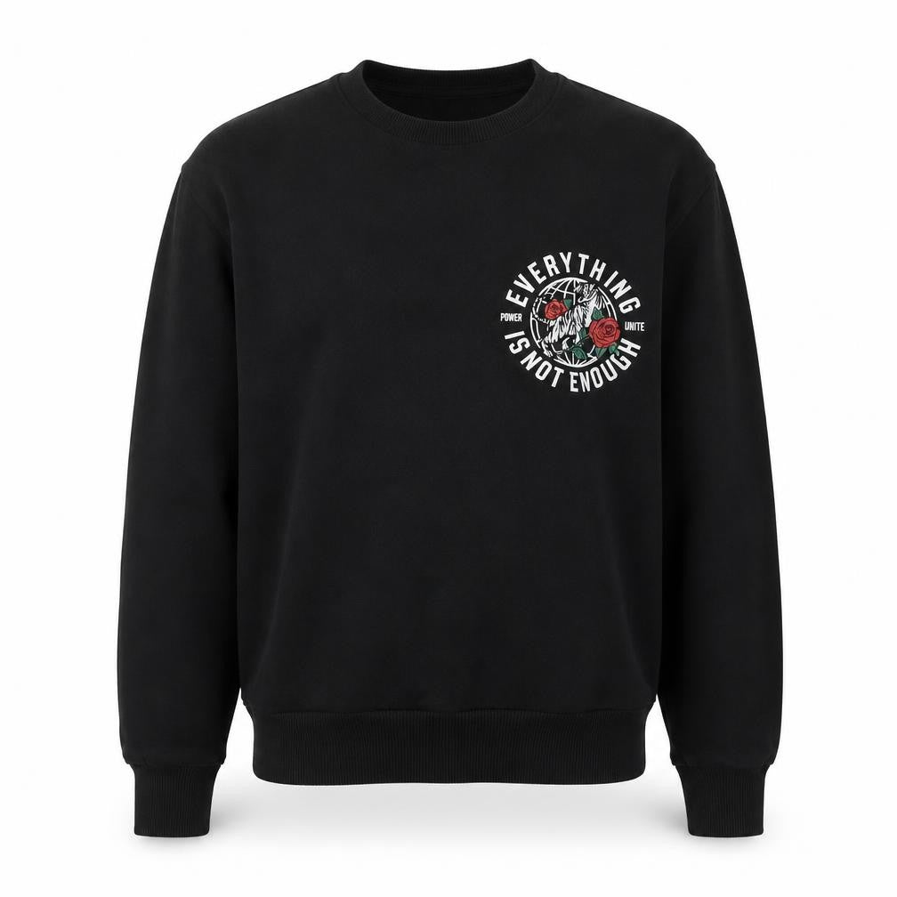 Front view of H&M men’s black cotton pullover sweatshirt, size XS, - slogan