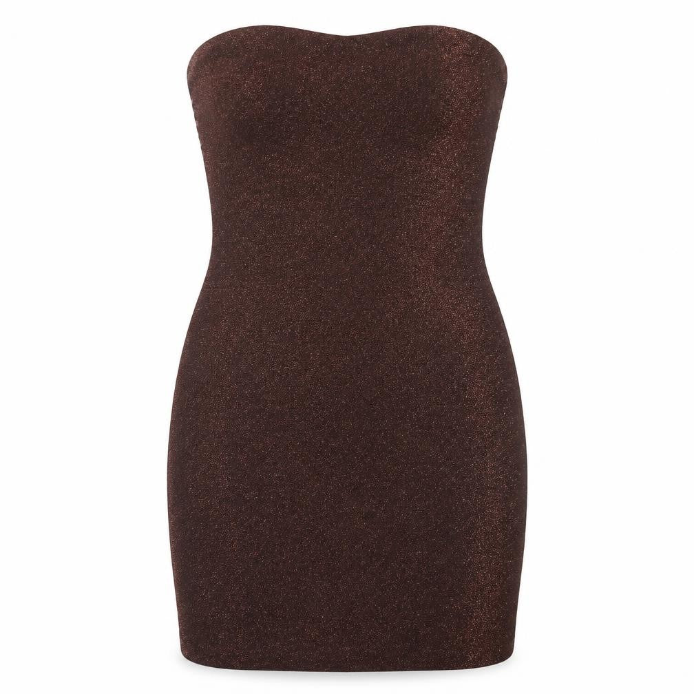 Front view of H&M women’s brown polyester bodycon, size UK 10, off the shoulder pullover
