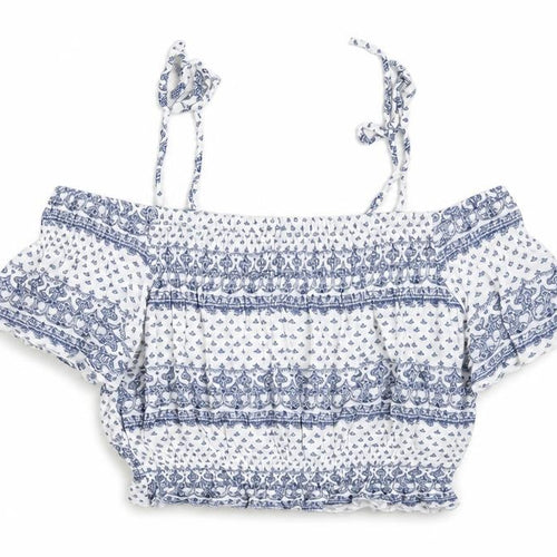 Bershka Womens Blue Geometric Viscose Cropped Blouse Size S Off the Shoulder