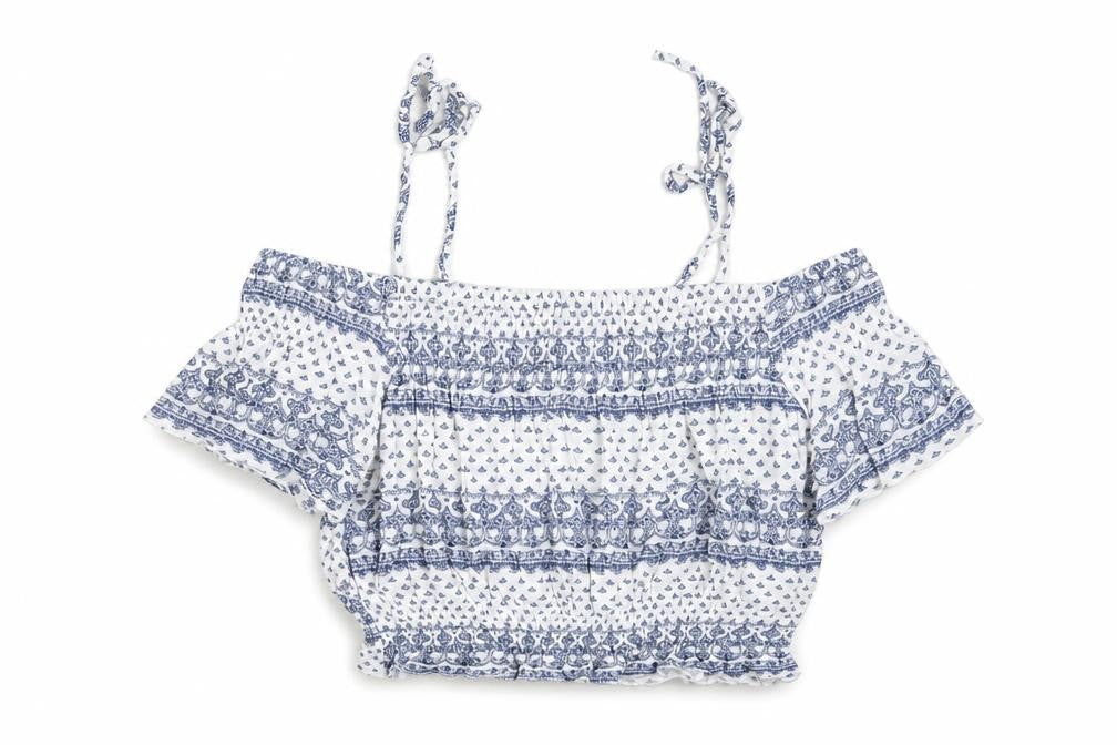 Bershka Womens Blue Geometric Viscose Cropped Blouse Size S Off the Shoulder