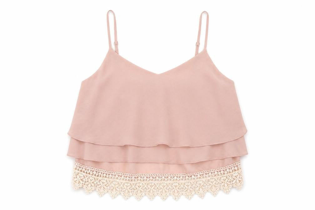 Front view of Glamorous women’s pink polyester cropped tank, size M, v-neck