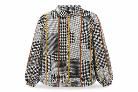 Front view of Y-A-S women’s brown geometric viscose basic button-up, size XL, collared