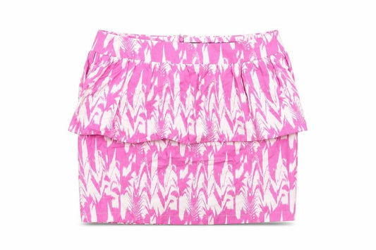 Front view of Vero Moda women’s pink geometric cotton bandage skirt, size UK 12, zip