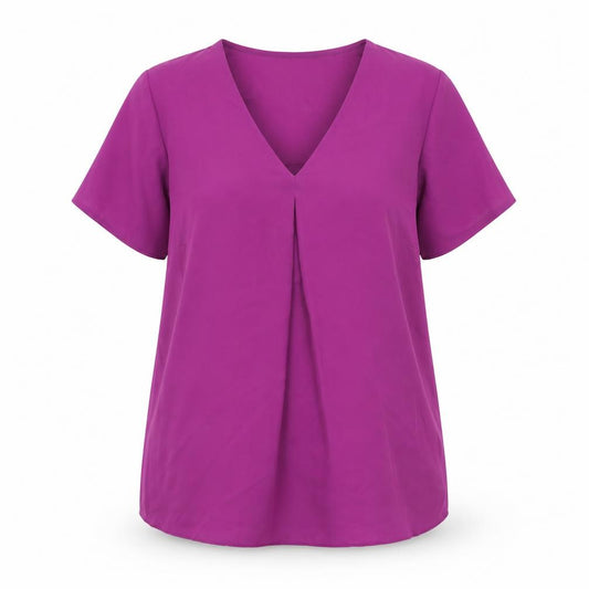 Front view of Bonmarché women’s purple polyester basic blouse, size UK 12, v-neck