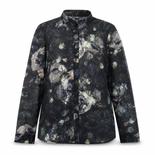 Front view of H&M women’s multicoloured geometric polyester basic button-up, size UK 8, collared