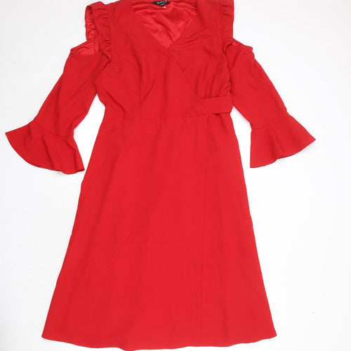 Simply Be Womens Red Polyester A-Line Size 14 V-Neck Pullover - Ruffle Cold Shoulder