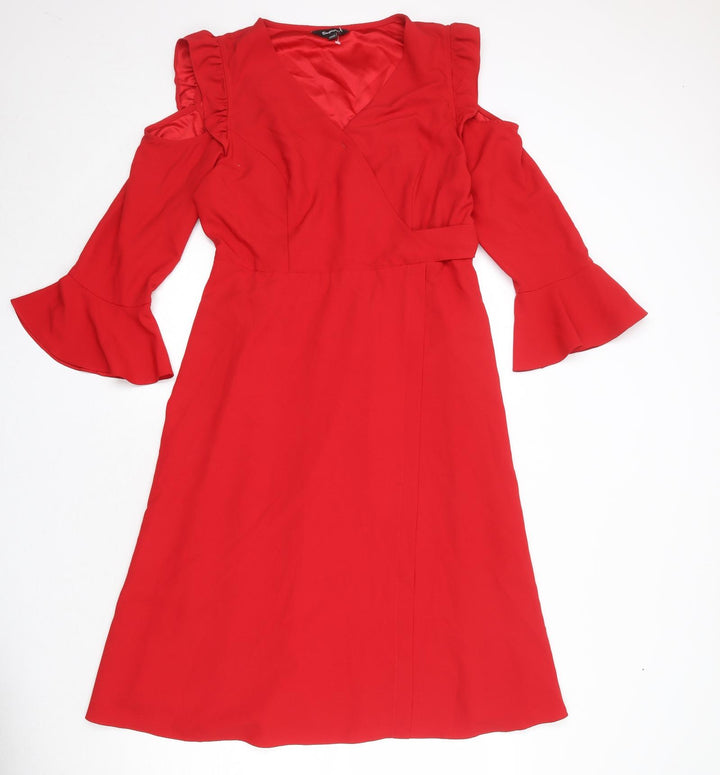 Simply Be Womens Red Polyester A-Line Size 14 V-Neck Pullover - Ruffle Cold Shoulder