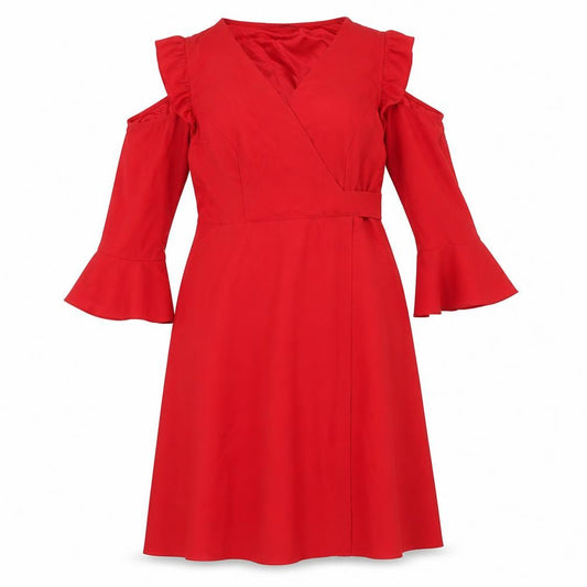 Front view of Simply Be women’s red polyester a-line, size UK 14, v-neck pullover - ruffle cold shoulder