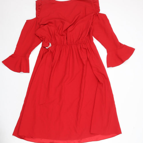 Simply Be Womens Red Polyester A-Line Size 14 V-Neck Pullover - Ruffle Cold Shoulder