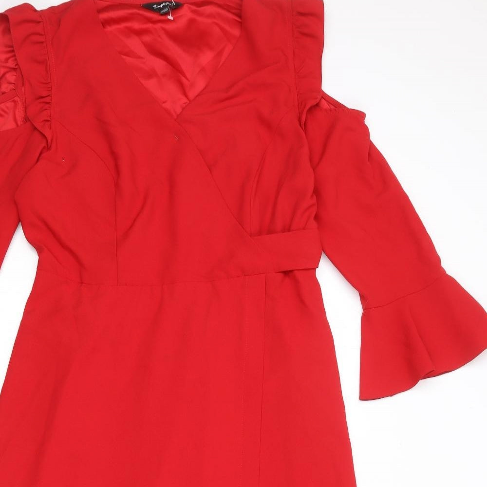 Simply Be Womens Red Polyester A-Line Size 14 V-Neck Pullover - Ruffle Cold Shoulder