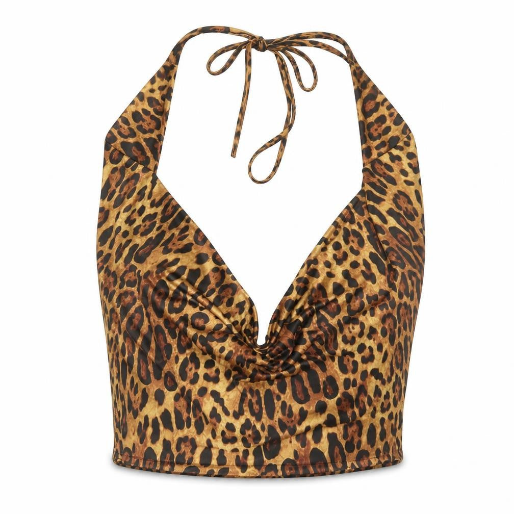 Front view of Missguided women’s brown animal print polyester basic tank, size UK 8, v-neck - leopard pattern
