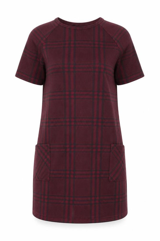 Front view of New Look women’s red plaid polyester shift, size UK 10, round neck pullover