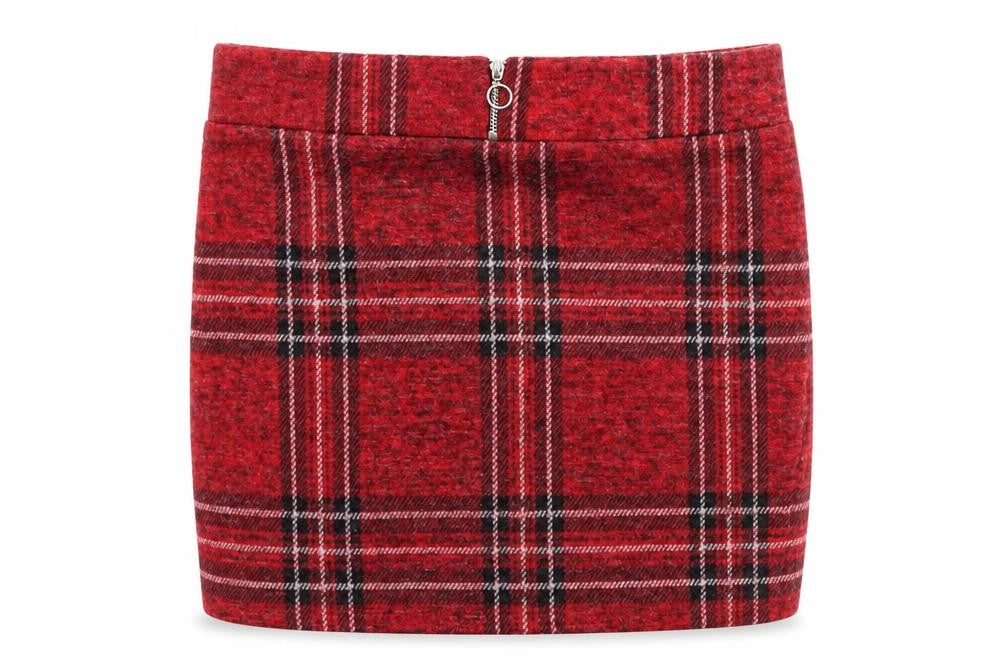 Front view of Select girls’ red plaid polyester mini skirt, size 14, years regular zip
