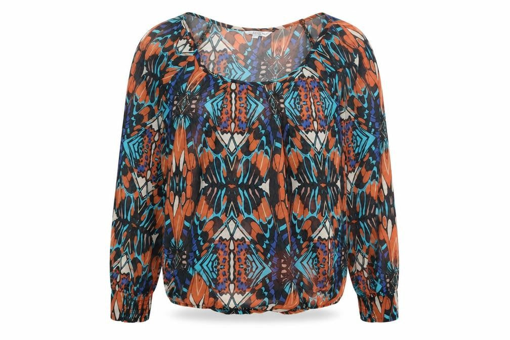 Front view of New Look women’s multicoloured geometric polyester basic blouse, size UK 10, scoop neck