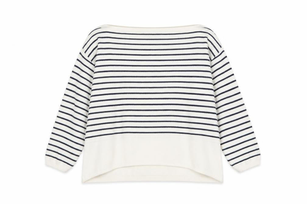 Front view of Ella Moda women’s beige boat neck striped 100% cotton jumper, size S