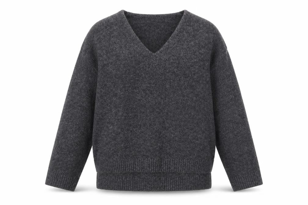 Front view of H&M women’s grey v-neck acrylic jumper, size M