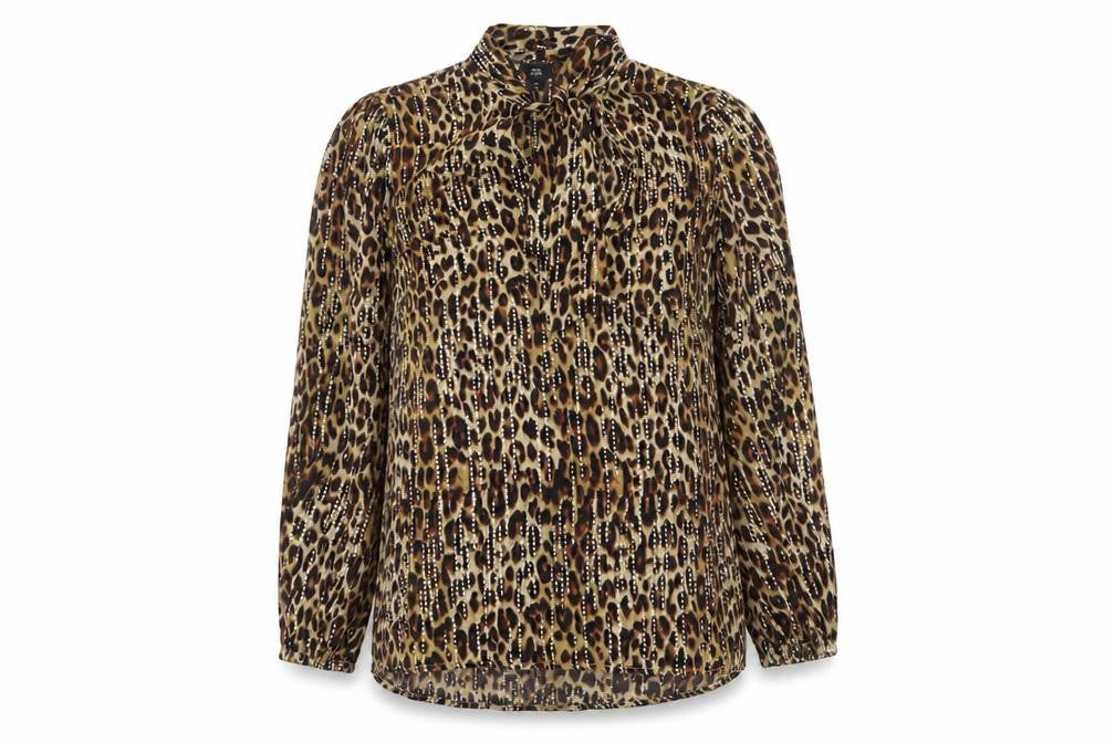 Front view of River Island women’s brown animal print viscose basic blouse, size UK 10, round neck - leopard pattern