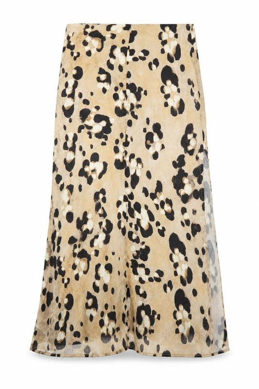 Front view of H&M women’s beige animal print lyocell peasant skirt, size UK 8, zip - leopard pattern