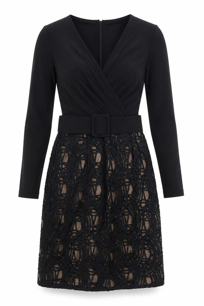 Front view of Adrianna Papell women’s black geometric polyester a-line, size UK 8, v-neck zip