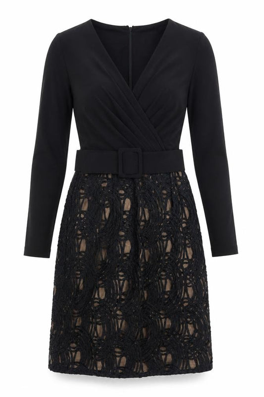Front view of Adrianna Papell women’s black geometric polyester a-line, size UK 8, v-neck zip