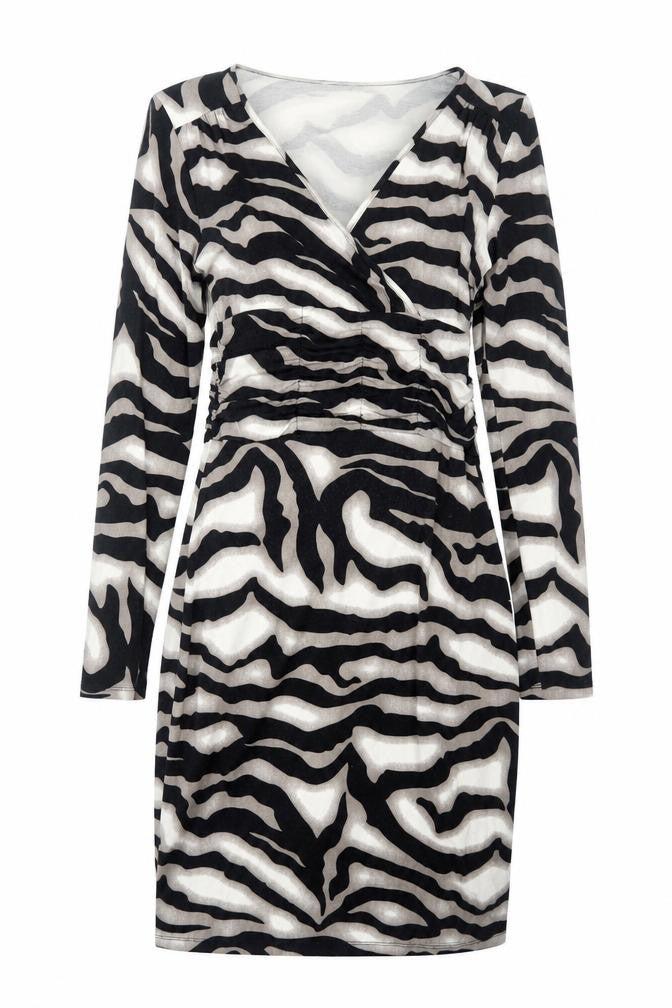 Front view of Class women’s black geometric viscose shift, size UK 8, v-neck pullover