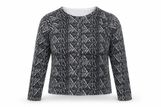 Front view of Next women’s grey round neck geometric cotton cardigan jumper, size UK 14