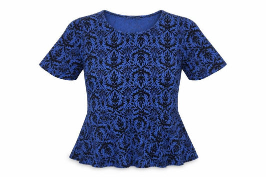 Front view of CMD women’s blue geometric viscose basic t-shirt, size UK 10, round neck