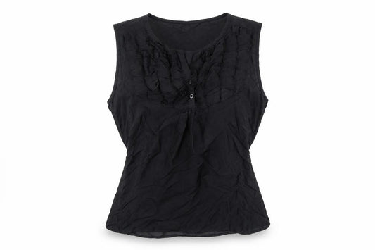Front view of H&M women’s black polyester basic tank, size UK 10, v-neck