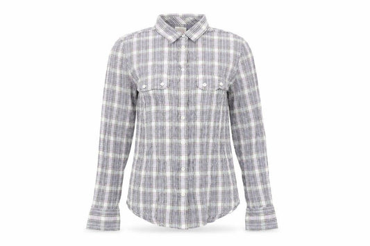 Front view of Gap women’s purple plaid cotton basic button-up, size UK 8, collared