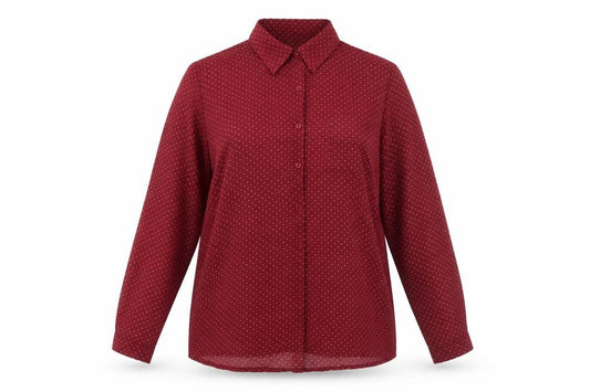 Front view of Cameo Rose women’s red polka dot polyester basic button-up, size UK 18, v-neck