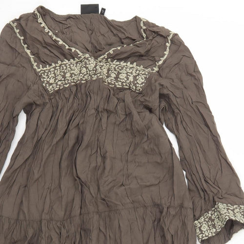 NEXT Womens Brown Viscose A-Line Size 14 V-Neck Pullover - Embroidered