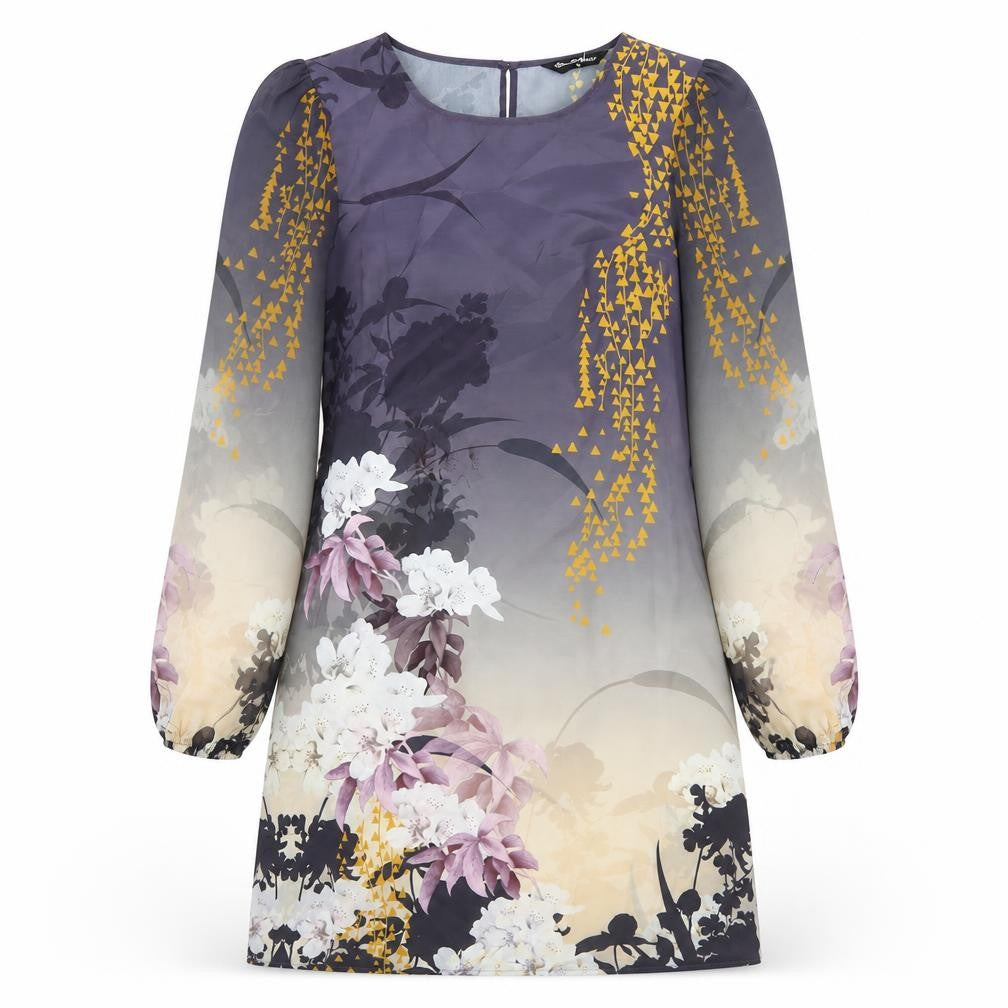 Front view of Miss Selfridge women’s grey floral polyester shift, size UK 10, boat neck button