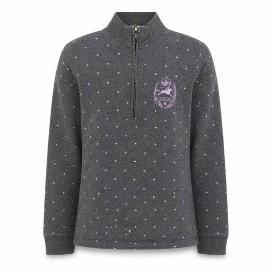 Front view of Tottie girls’ grey polka dot cotton pullover sweatshirt, size L, pullover