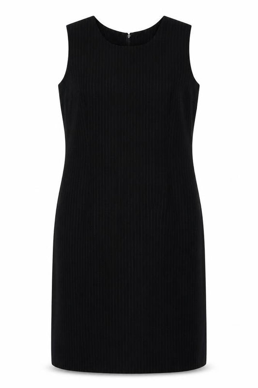 Front view of Vals women’s black striped polyester shift, size UK 16, round neck zip