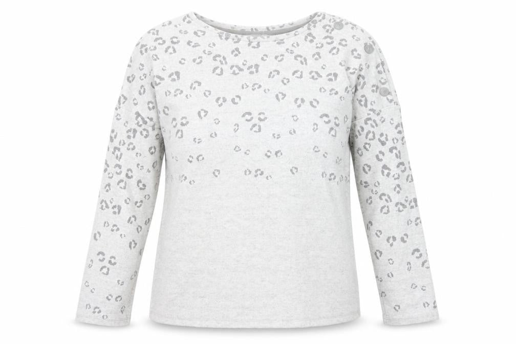 Front view of Next women’s grey round neck animal print polyester jumper, size UK 10, - leopard pattern