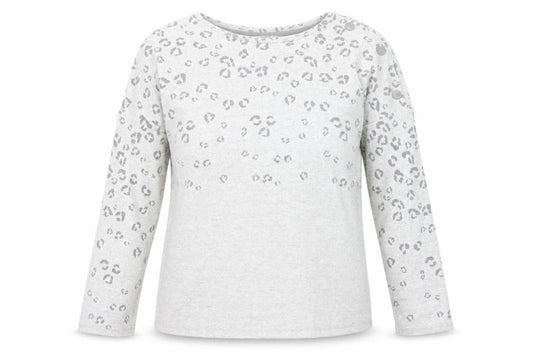 Front view of Next women’s grey round neck animal print polyester jumper, size UK 10, - leopard pattern