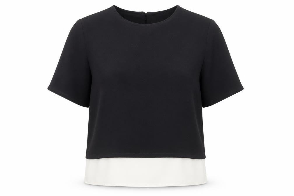 Front view of Ad Lib women’s black polyester basic t-shirt, size UK 14, round neck