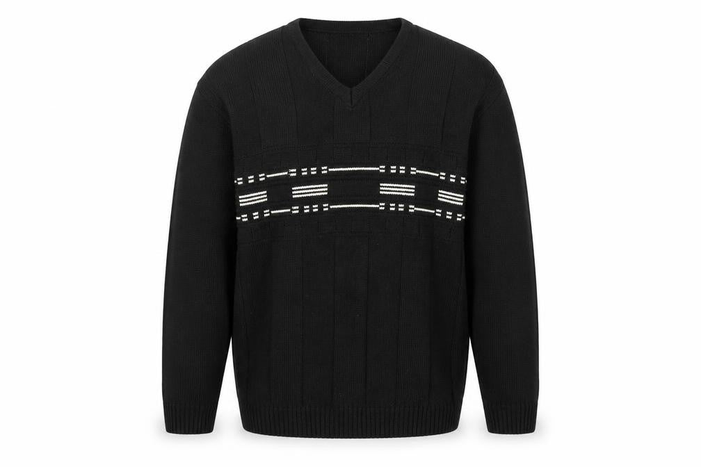 Front view of Barton men’s black v-neck geometric cotton jumper, size M, long sleeve