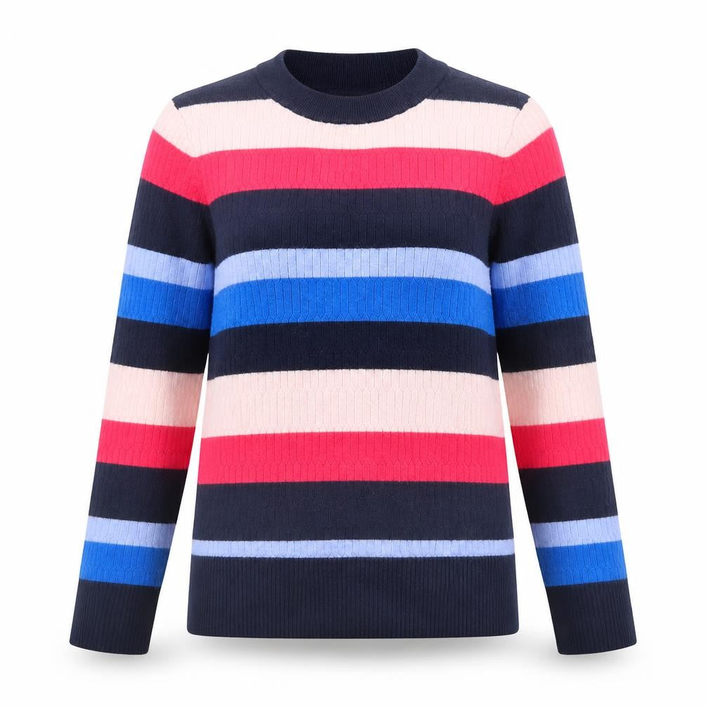 Front view of Marks & Spencer women’s multicoloured round neck striped viscose jumper, size UK 10