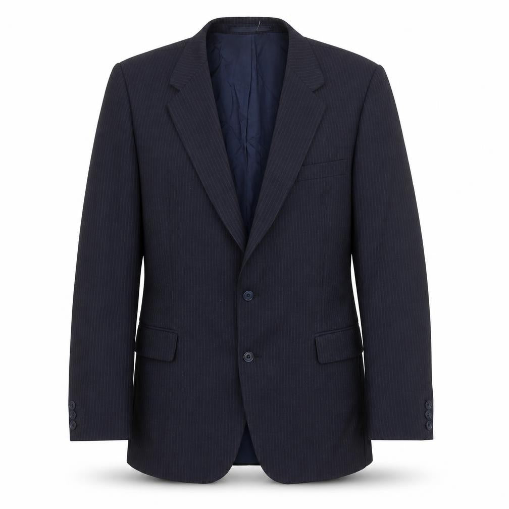 Front view of John Collier men’s blue striped wool jacket suit jacket, size 44, regular