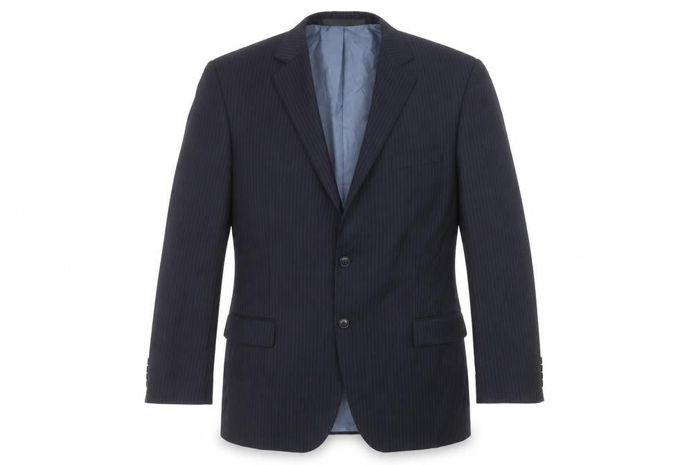 Front view of Marks & Spencer men’s blue striped polyester jacket suit jacket, size 44, regular