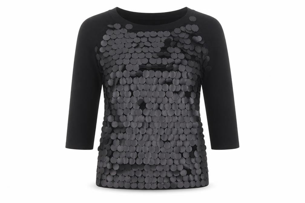 Front view of Michelle Reene women’s black round neck viscose jumper, size M