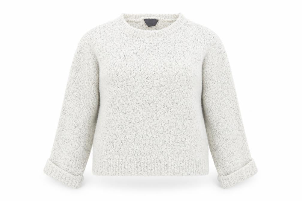Front view of Topshop women’s grey round neck acrylic jumper, size UK 10