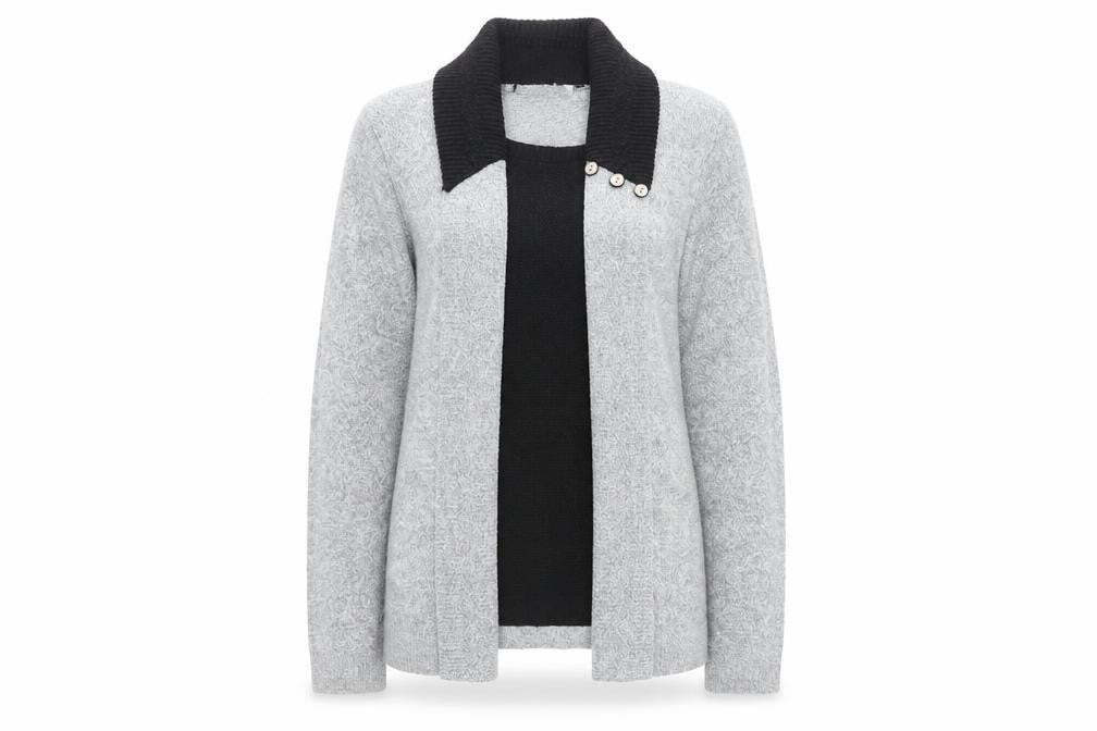 Front view of Envy women’s grey v-neck acrylic jumper, size S, - twin set