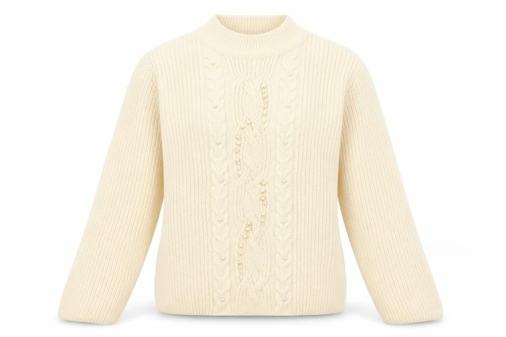 Front view of Marks & Spencer women’s white round neck acrylic jumper, size M