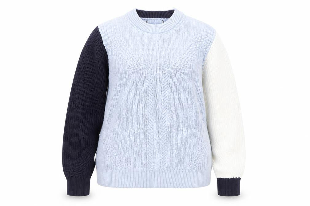 Front view of Marks & Spencer women’s blue round neck cotton jumper, size L, - colourblock