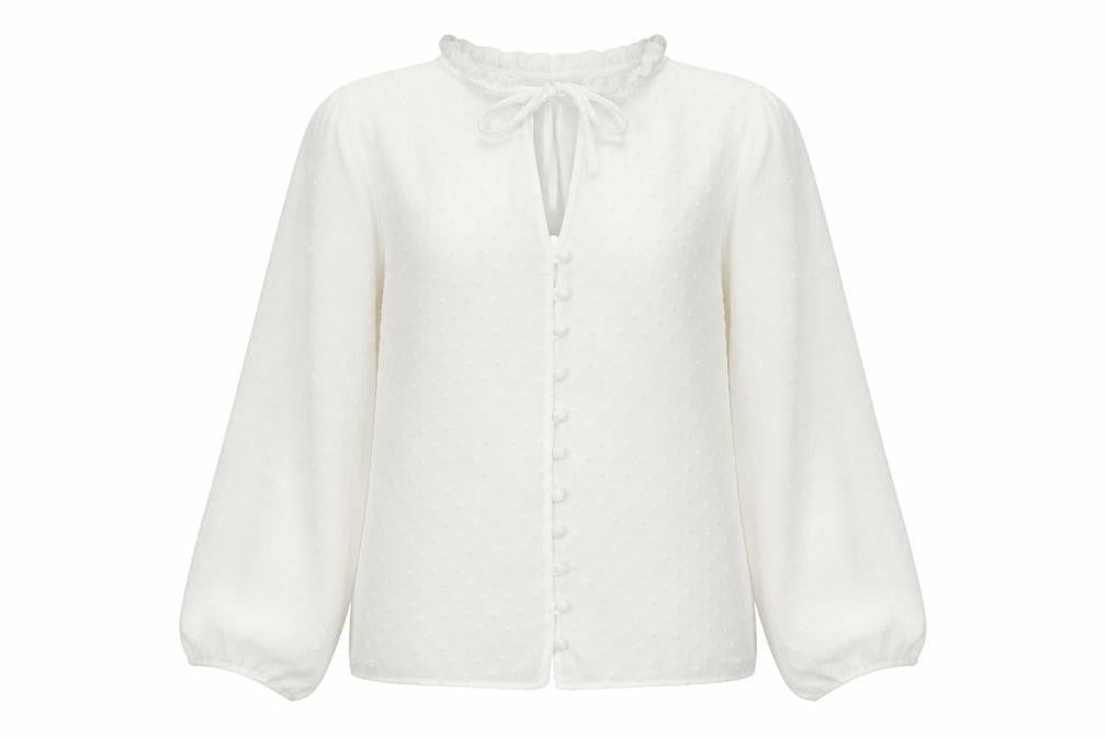 New Look Womens White Polka Dot Polyester Basic Button-Up Size 6 Round Neck