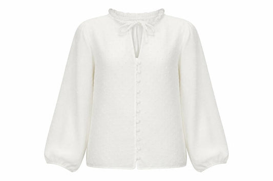 Front view of New Look women’s white polka dot polyester basic button-up, size UK 6, round neck