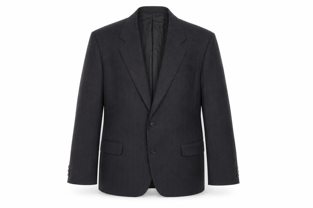 Front view of The Label men’s grey striped wool jacket suit jacket, size 44, regular