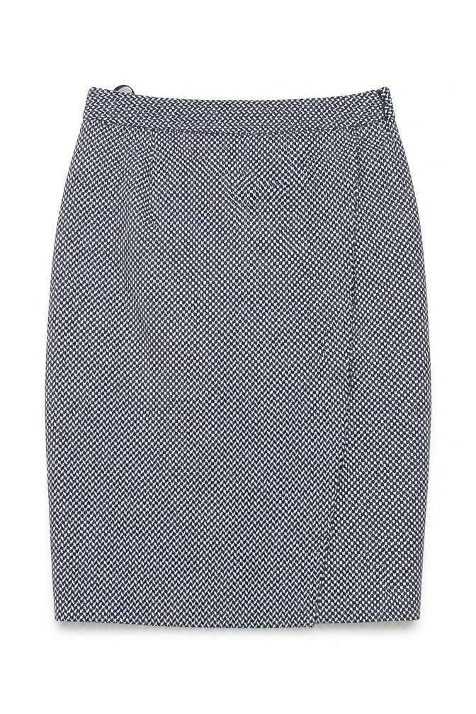 Front view of Next women’s blue geometric polyester a-line skirt, size UK 14, zip